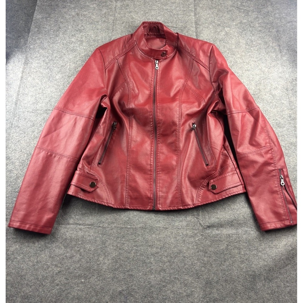 Women's XL Band Collar Faux Leather Crop Jacket Red Moto Biker Full Zip Grunge